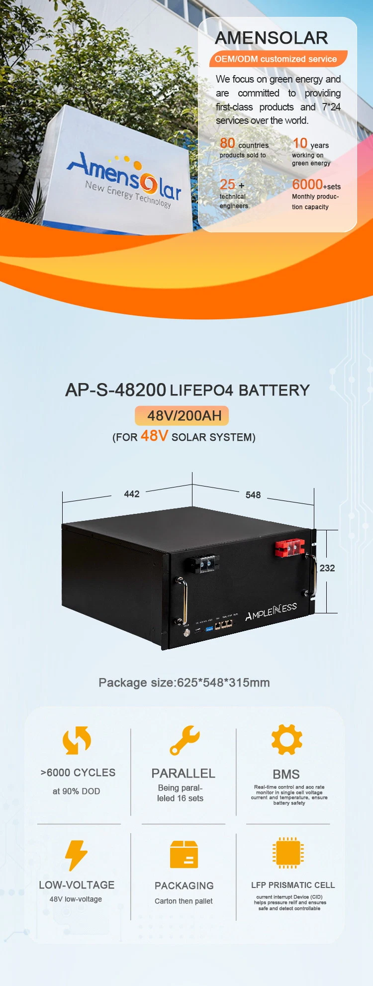 Ampleness Low Voltage Lifep04 with BMS Ap-S-48200 10kwh 48V 200ah Lithium Iron Phosphate Battery Solar
